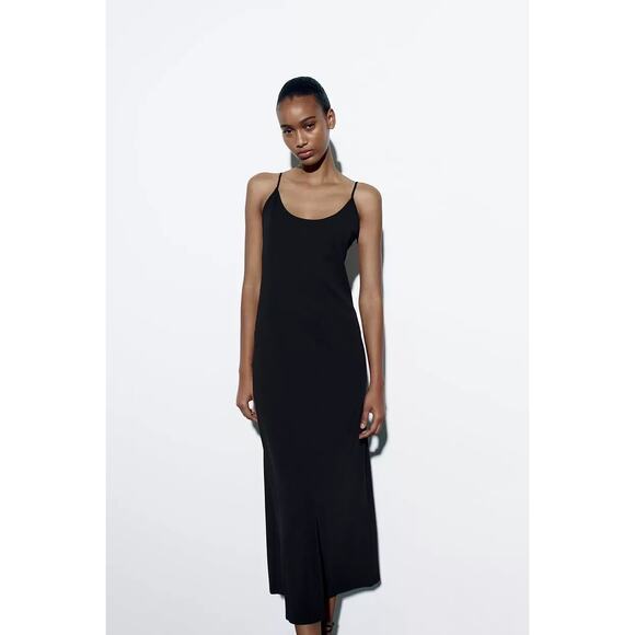 Zara Black cami Camisole Sleeveless Spaghetti Strap Open Back  Midi Dress Sz S - Picture 1 of 6